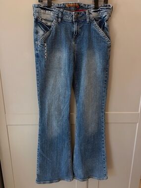 Vintage Y2K Mudd Jeans Size 11 Low Rise Flare Distressed Patchwork Denim